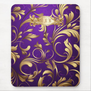 Purple and Gold Damask Monogrammed Mouse Pad