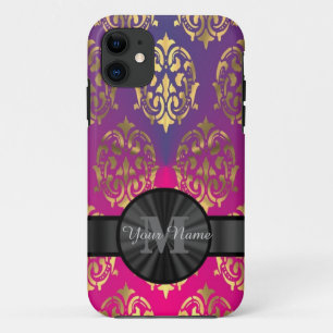 Purple and gold damask personalised monogram iPhone 11 case