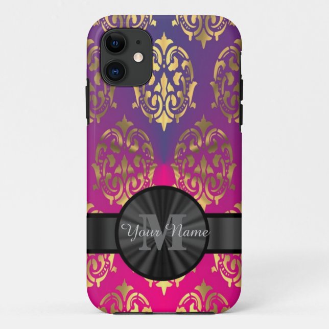 Purple and gold damask personalised monogram Case-Mate iPhone case (Back)