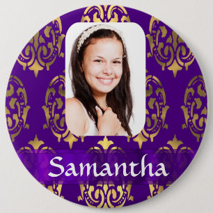 Purple and gold damask photo template 6 cm round badge