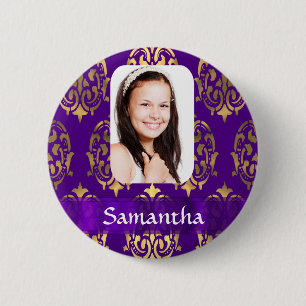 Purple and gold damask photo template 6 cm round badge