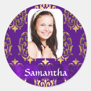 Purple and gold damask photo template classic round sticker