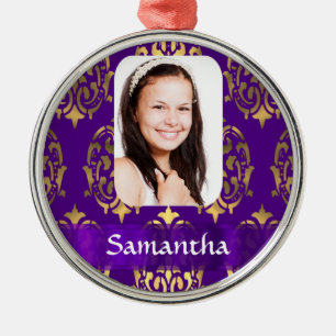 Purple and gold damask photo template metal ornament