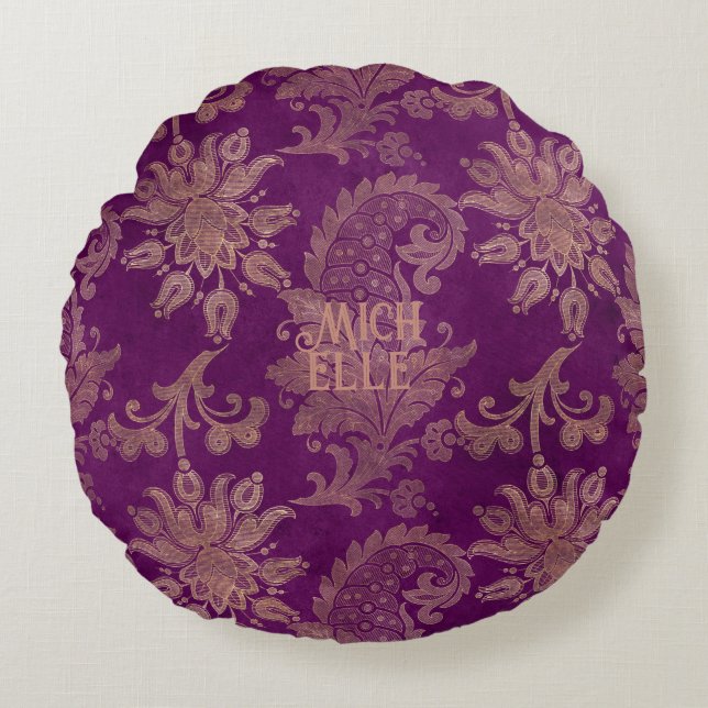 Purple and Gold Damask Round Cushion (Front)