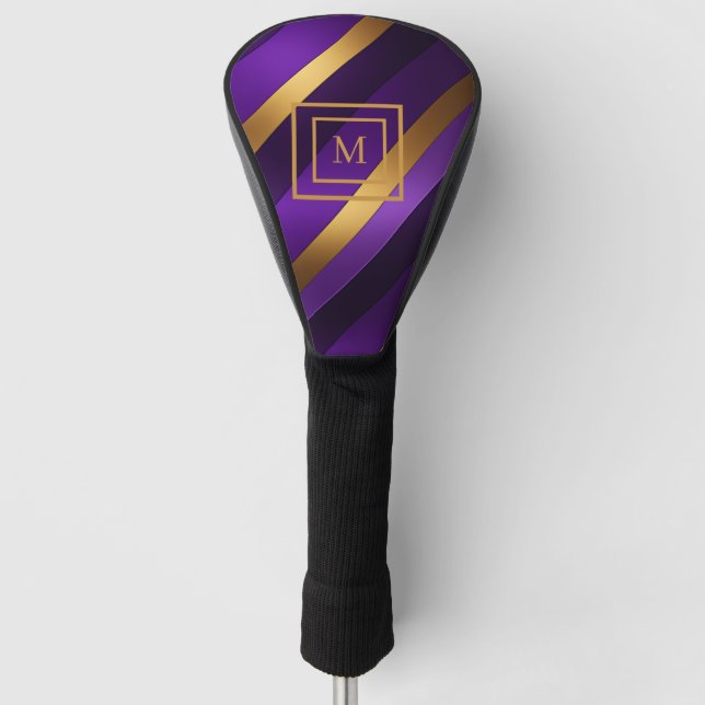 Purple and Gold Diagonal Striped Monogrammed Golf Head Cover (Front)