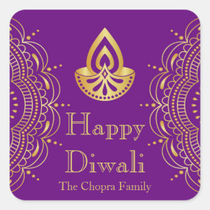 Purple and Gold Diwali Party Favour Square Sticker