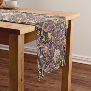 Purple And Gold Embossed Flowers Pattern Short Table Runner
