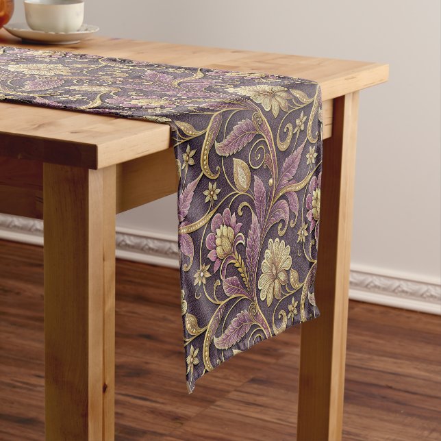 Purple And Gold Embossed Flowers Pattern Short Table Runner (In Situ)