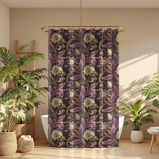 Purple And Gold Embossed Flowers Pattern Shower Curtain (Creator Uploaded)