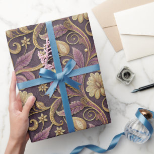 Purple And Gold Embossed Flowers Pattern Wrapping Paper
