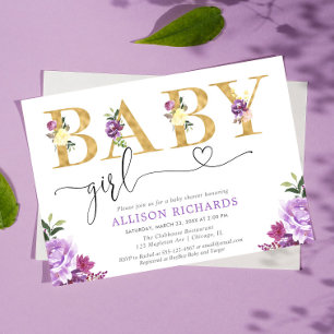 Purple and gold faux foil floral Girl baby shower Invitation