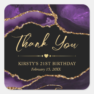 Purple and Gold Faux Glitter Agate Birthday Party Square Sticker