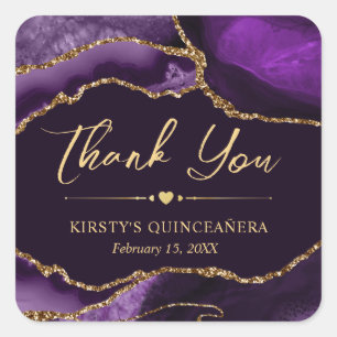 Purple and Gold Faux Glitter Agate Quinceanera Square Sticker