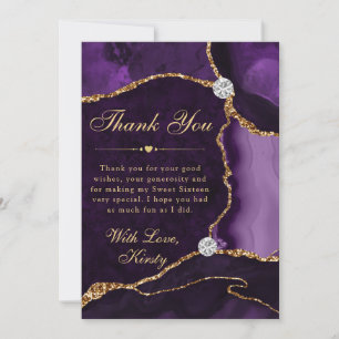 Purple and Gold Faux Glitter Agate Sweet 16 Thank You Card