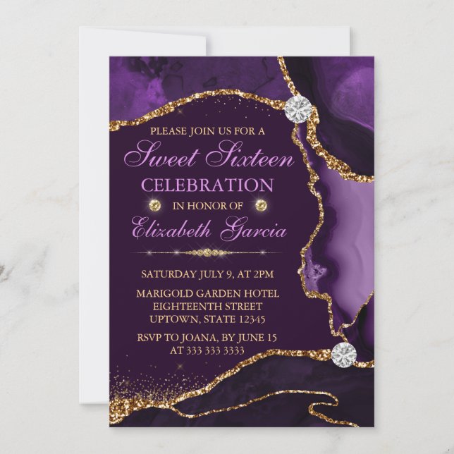 Purple and Gold Faux Glitter Agate Sweet Sixteen Invitation (Front)