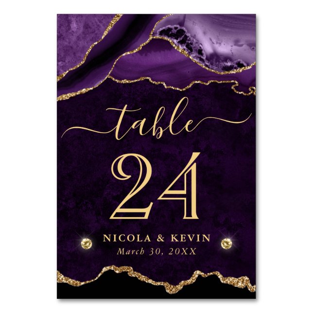 Purple and Gold Faux Glitter Agate Wedding Table Number (Front)