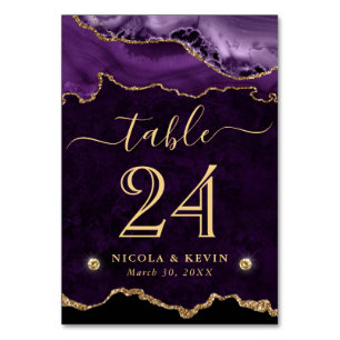 Purple and Gold Faux Glitter Agate Wedding Table Number