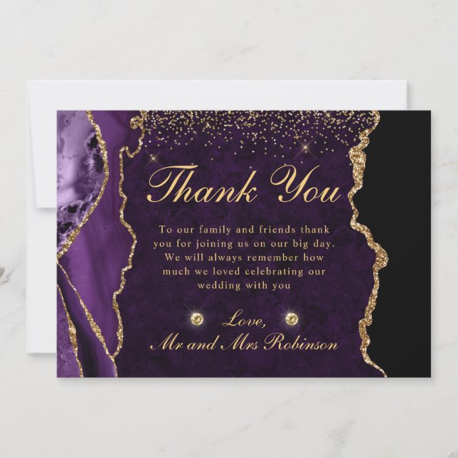 Purple and Gold Faux Glitter Agate Wedding Thank You Card (Front)