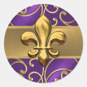 Purple and Gold Filigree Swirls Fleur de Lis Classic Round Sticker