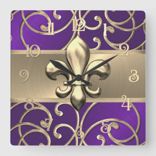 Purple and Gold Filigree Swirls Fleur de Lis Square Wall Clock