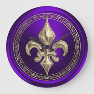 Purple and Gold Fleur de Lis Large Clock