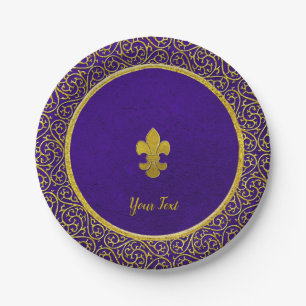 Purple and Gold Fleur-de-lis Your Text Paper Plate