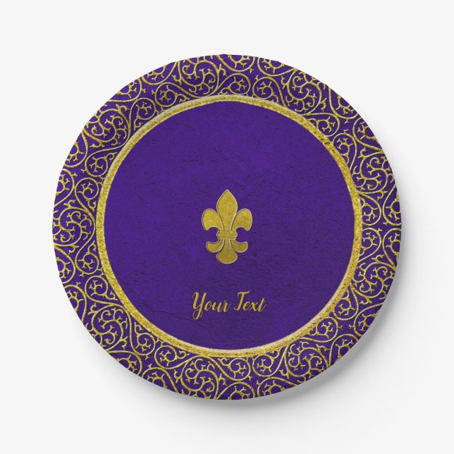 Purple and Gold Fleur-de-lis Your Text Paper Plate (Front)