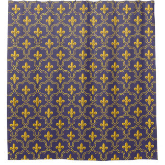 Purple and gold fleur-de-lys quatrefoil pattern shower curtain