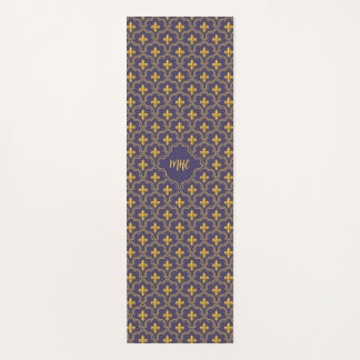 Purple and gold fleur-de-lys quatrefoil pattern yoga mat