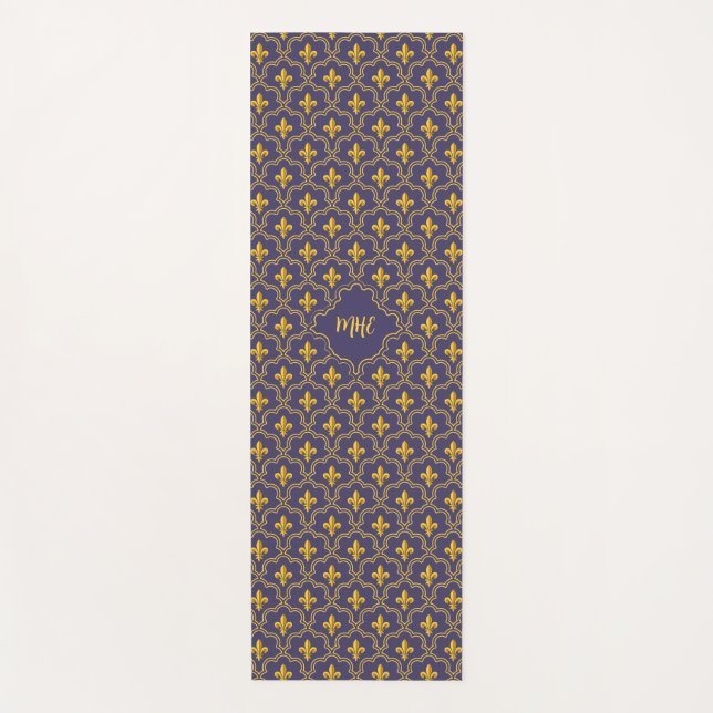 Purple and gold fleur-de-lys quatrefoil pattern yoga mat (Front)