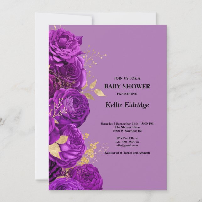 Purple And Gold Floral Baby Shower Invitation (Front)