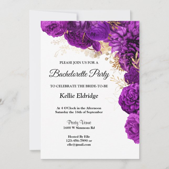 Purple And Gold Floral Bachelorette Party Invitation (Front)