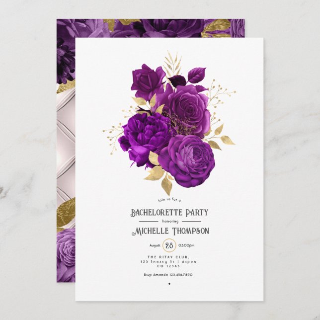 Purple and Gold Floral Bachelorette Party Invitation (Front/Back)