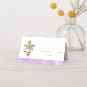 Purple and Gold  Floral Baptism Folded Place Card