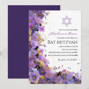 Purple and Gold Floral Bat Mitzvah Invitation