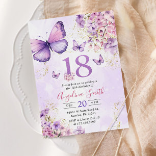 Purple and Gold Floral Butterfly 18th Birthday Invitation