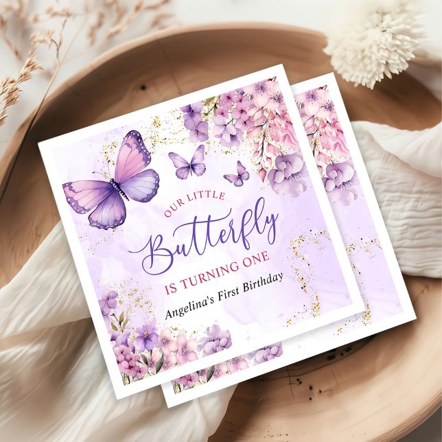 Purple and Gold Floral Butterfly 1st Birthday Napkin (Creator Uploaded)