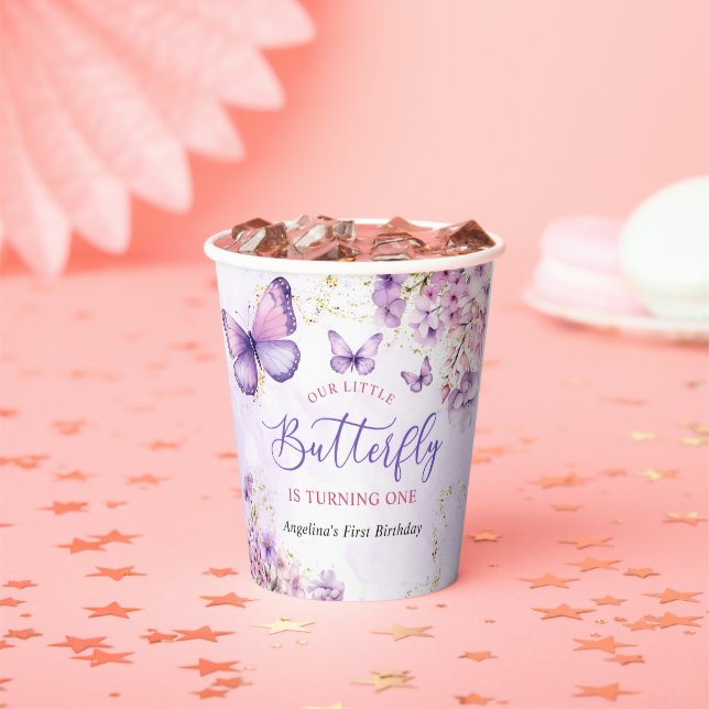Purple and Gold Floral Butterfly 1st Birthday Paper Cups (Insitu)
