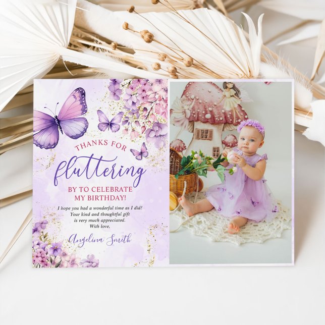 Purple and Gold Floral Butterfly Birthday Photo Thank You Card (Creator Uploaded)