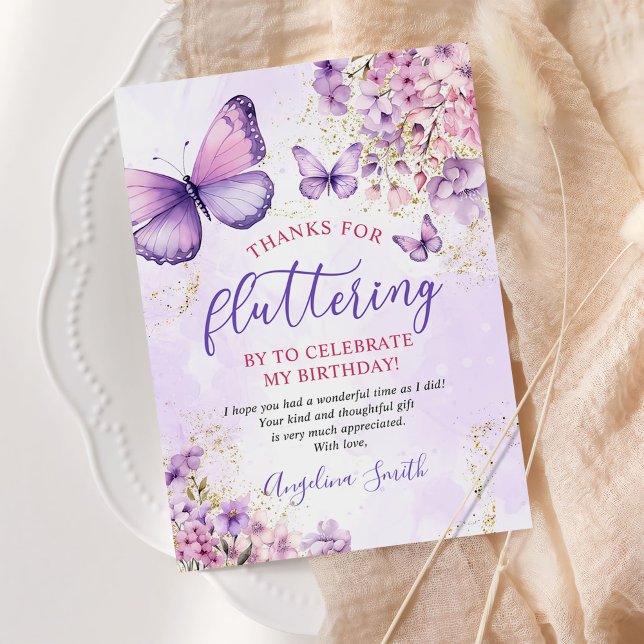 Purple and Gold Floral Butterfly Birthday Thank You Card (Creator Uploaded)