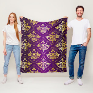 Purple and gold floral damasks pattern fleece blanket