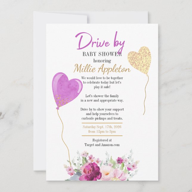 Purple and Gold Floral Drive By Baby Shower Invitation (Front)