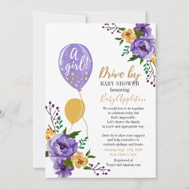 Purple and Gold Floral Drive By Baby Shower Invitation (Front)