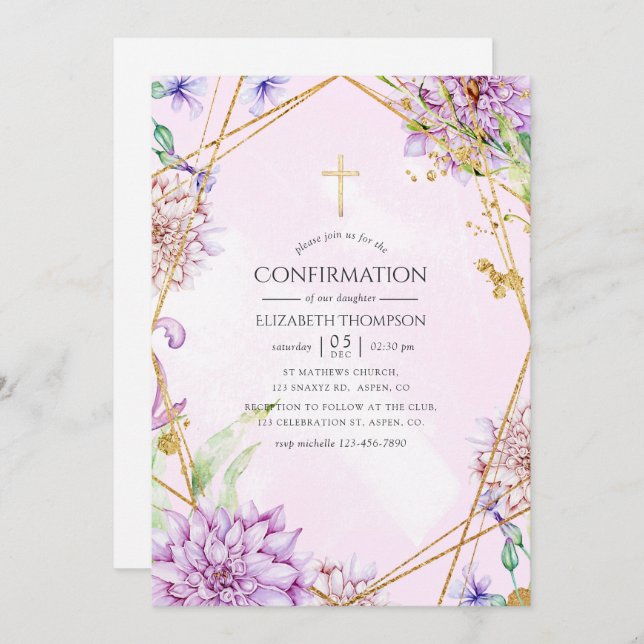 Purple and Gold Floral Geometric Confirmation Invitation (Front/Back)