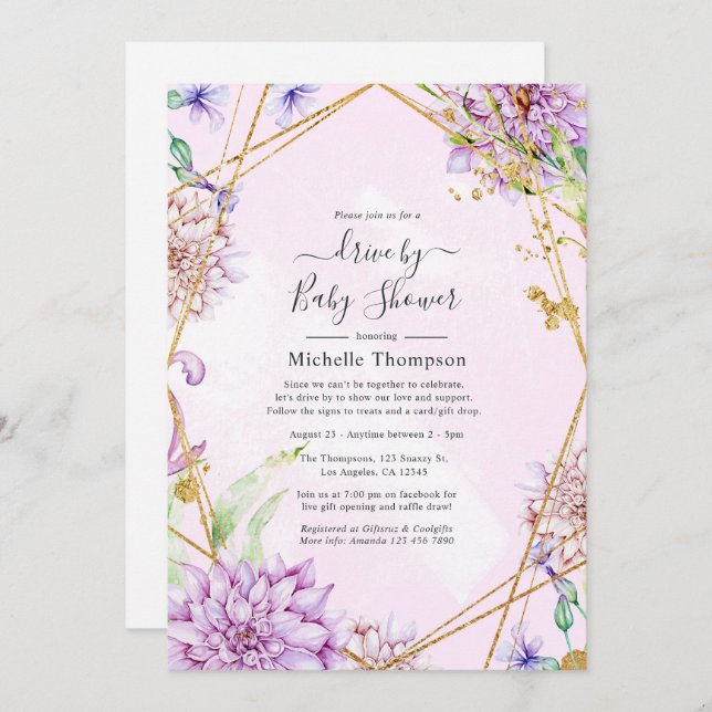 Purple and Gold Floral Geometric Drive By Shower Invitation (Front/Back)
