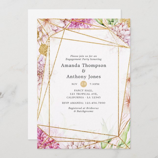 Purple and Gold Floral Geometric Engagement Party Invitation (Front/Back)