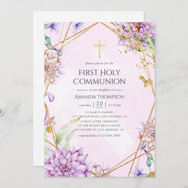Purple and Gold Floral Geometric Holy Communion Invitation (Front/Back)