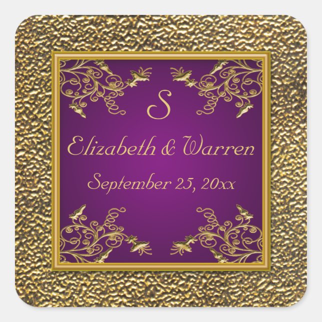 Purple and Gold Floral Monogram Wedding Sticker (Front)