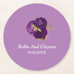 Purple And Gold Floral Round Paper Coaster