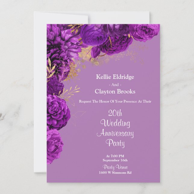 Purple And Gold Floral Wedding Anniversary Party Invitation (Front)